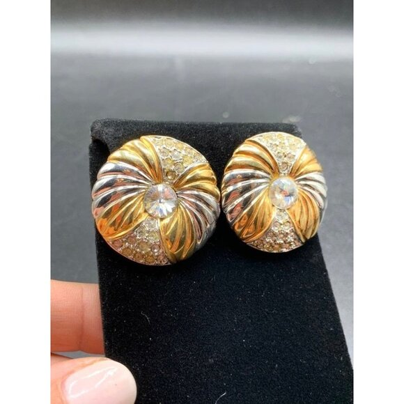 Rhinestones Earrings 80s Chunky Gold Tone Clear Rivoli Rhinestones Round Clips - Picture 3 of 6